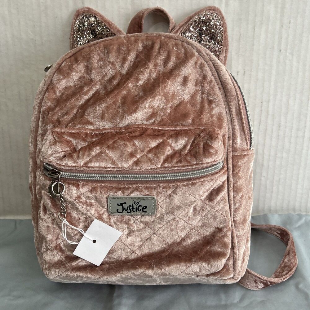 JUSTICE MINI BACKPACK KITTY CAT SHIMMERING GLITTER EARS ROSE VELOUR SUPER CUTE